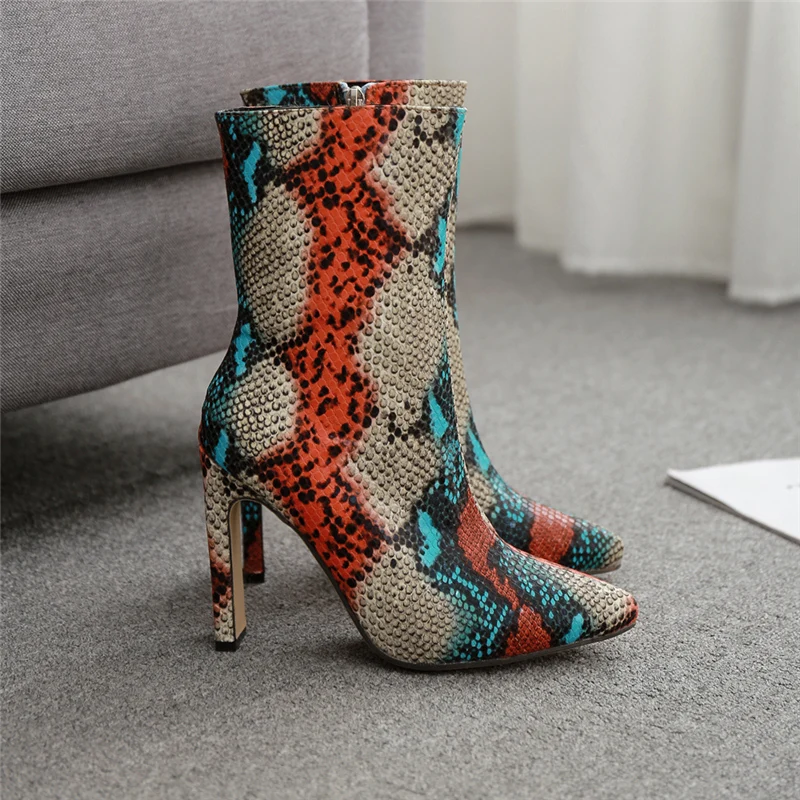 2023 Luxury Women 11.5cm High Heels Fetish Boots Lady Ankle Boots Block Snake Skin Print Prom Fall Prom Plus Size Booties Shoes