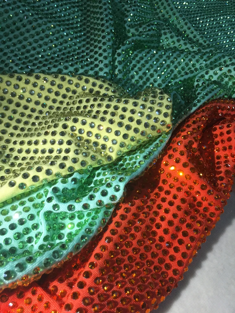 Customized Tailored Dress Luxury Crystal Fabric Hot Fix Green Planet Rhinestone Polyester Spandex Fabric Stretch Dancing Elastic