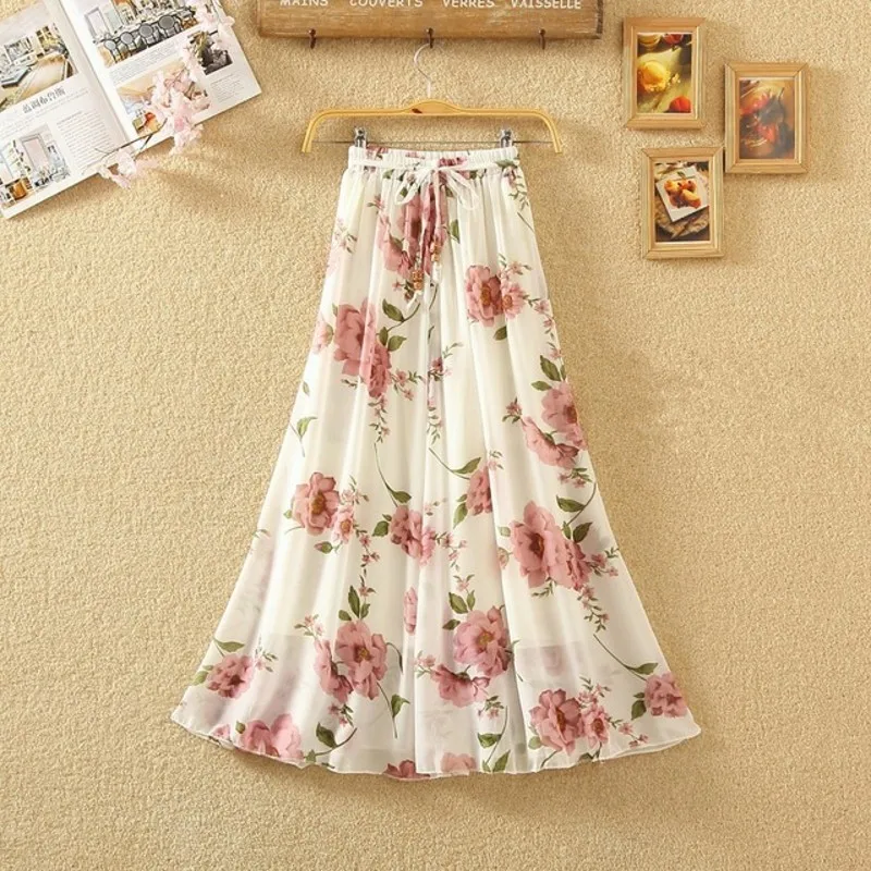 Women Summer Elegant Floral Printed Midi Boho Beach Skirts Fashion Ladies Spring Streetwear High Waist Casual Chiffon Skirt S245