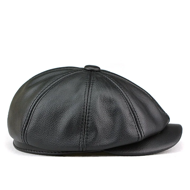 Casual octagonal hat Genuine Leather Hat Autumn Men's Cowhide Leather Beret Elegant Fashion Student Tongue Cap Snapback Caps For