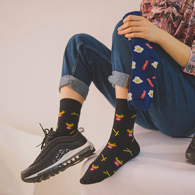 Harajuku glückliche Socken Männer lustige Cartoon Obst Avocado Banane Burger Pommes Bier Keks gebratenes Huhn Essen Socken Skateboard Socken