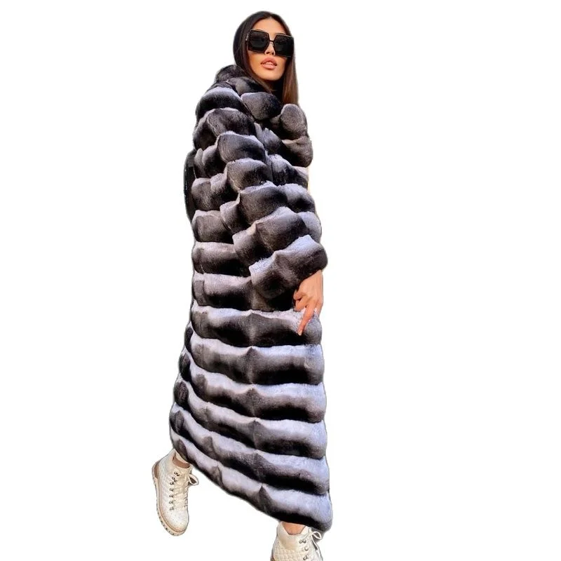 New Real Rex Rabbit Fur Coat Turn-down Collar High Quality Chinchilla Color Genuine Rex Rabbit Fur Coats 120cm Long Outwear