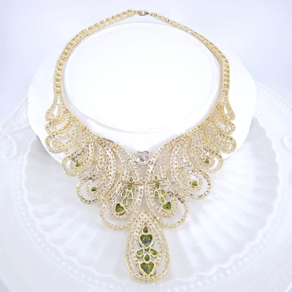 2024 NEW FASHION romantic GREEN  flowers CZ zircon necklace earring wedding bride banquet formal dress jewelry set