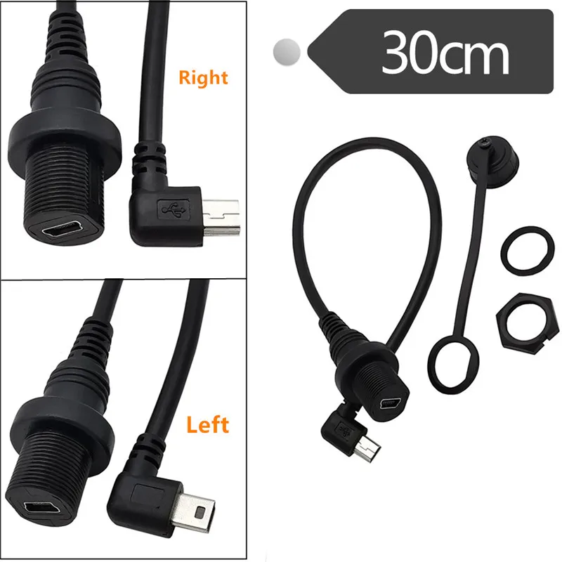 USB2.0 Mini 5Pin Left & Right Angle Male to Female AUX Flush Panel Mount Extension Cable for Car Truck Boat Motorcycle Dashboard