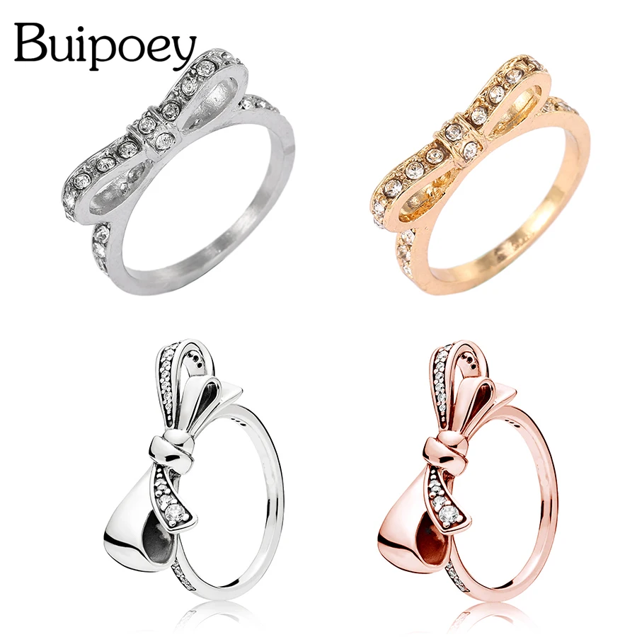 Buipoey European Pop Silver Color Rose Gold Plated Bow Knot Wedding Ring With Shiny Crystal Rings Party Jewelry Valentine's Day