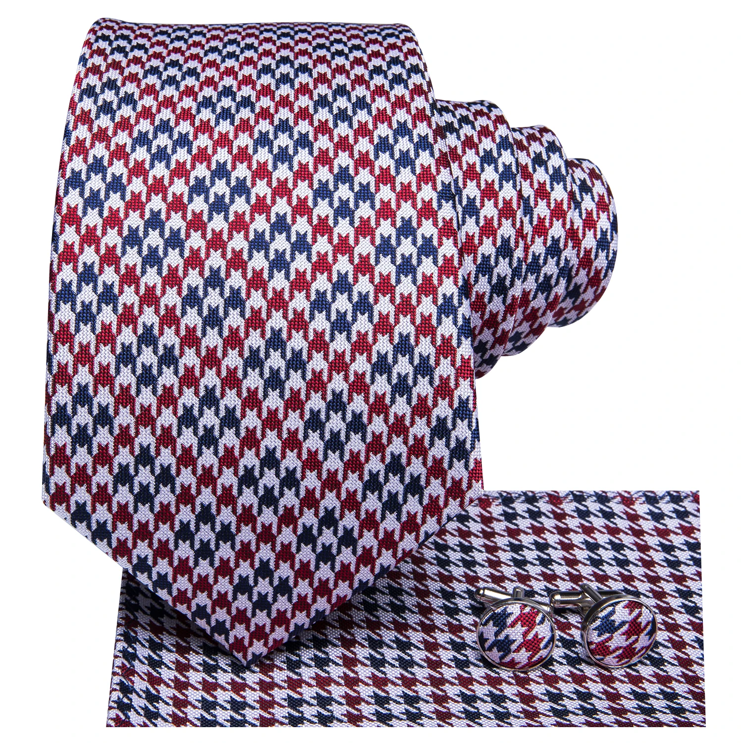 Hi-Tie Red Houndstooth Plaid Necktie For Men Blue Luxury Men's Tie Set Silk 8.5cm Large Fashion Hanky Cufflinks Set Quality