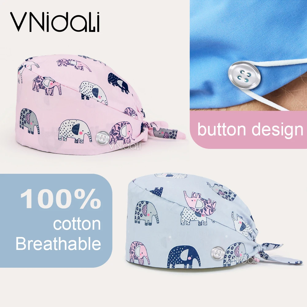 Cartoon Elephant printing Series Unisex scrubs caps Adjustable cotton  hats High Quality adjustable sweat-absorbent scrubs hats