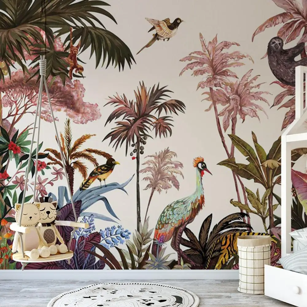 Safari Removable Wallpaper, Non woven tropical wall mural, Tropical Jungle Animals mural wallpaper STDM5057