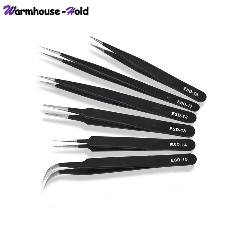 6Pcs Safe Anti-static Tweezers Tool ESD 10-15 Stainless Steel Tweezers for Soldering Station Electronic Component Repair Tools