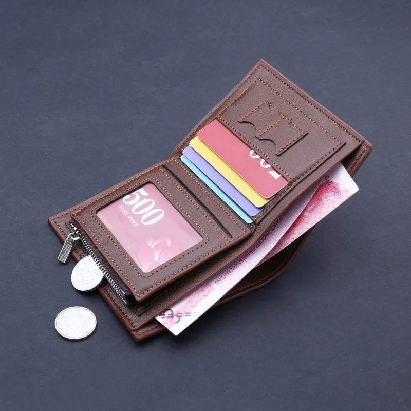 Men's Short Wallet Vertical Black Brown Multi-Card Holders Phone Pocket Small Folding Clutch Coin Purse Vintage Zipper Money Bag