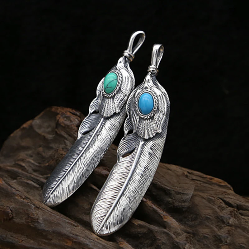 

S925 Sterling Silver Jewelry Retro Thai Silver Inlaid Turquoise Edition Handmade Feather Pendant for Men and Women