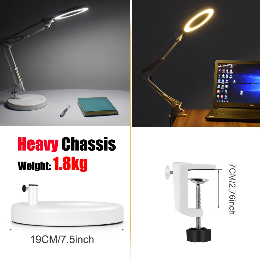 EOOKU USB 8W Table Lamp with 5X Magnifying Glass Desk Light Non-Slip Clip 3-Colors LED Light for Reading/Working/Inspection