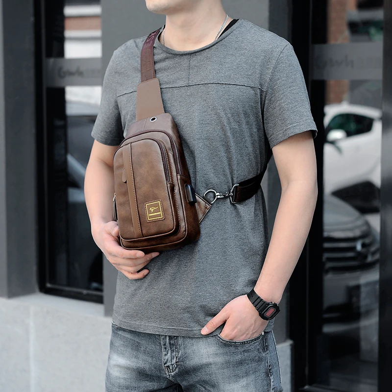 Kangaroo Luxury Brand Chest Bag Men Crossbody Bag Leather Chest Bag USB Charging Travel Sling Shoulder Bag Messenger Bag Male