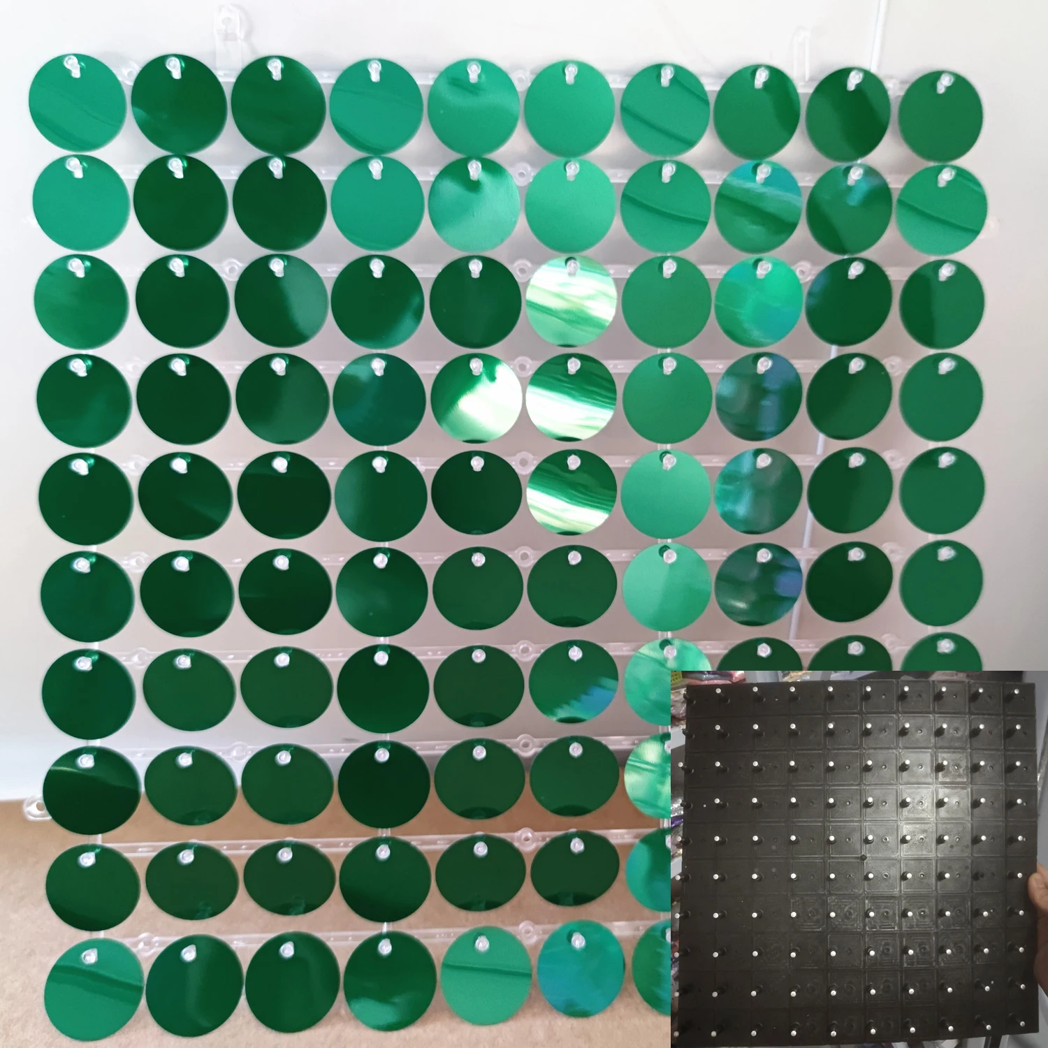 Green Sequins Wall Panels In Clear Grids With Clip Background Boards Air Moving Plates Shimmer Backdrop