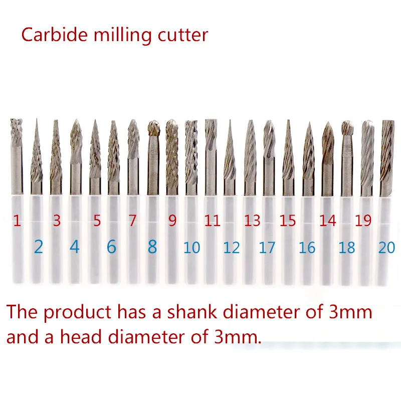 Mini broca de moagem de aço de carboneto de tungstênio, broca de broca, material para fresa de diamante para acessórios dremel, 20 tamanhos
