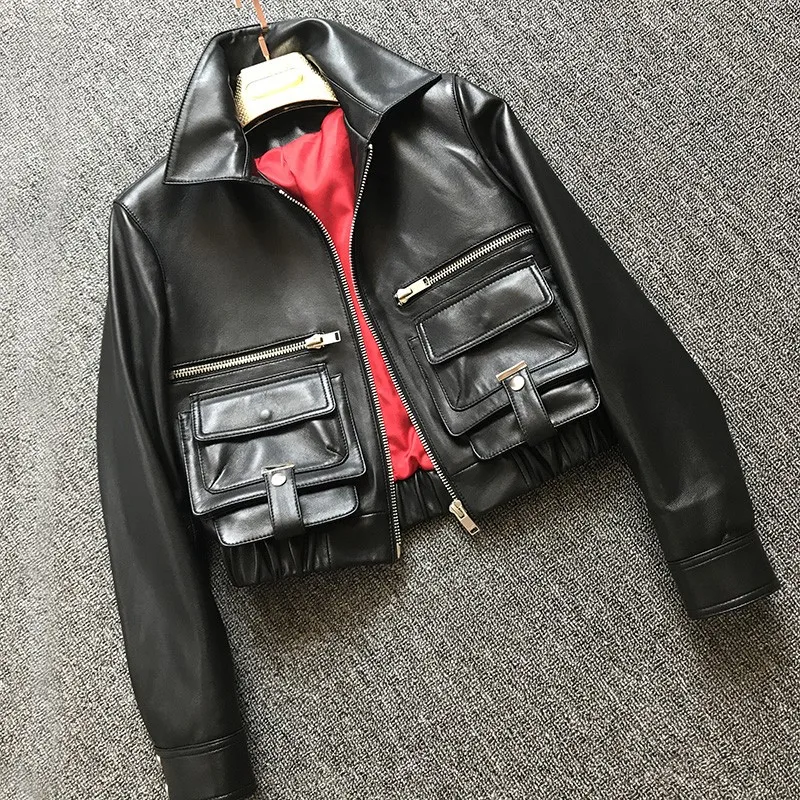 Veste en cuir véritable femme manteau court, poches, taille élastique, peau de mouton, Streetwear mode Slim Fit manteau en cuir