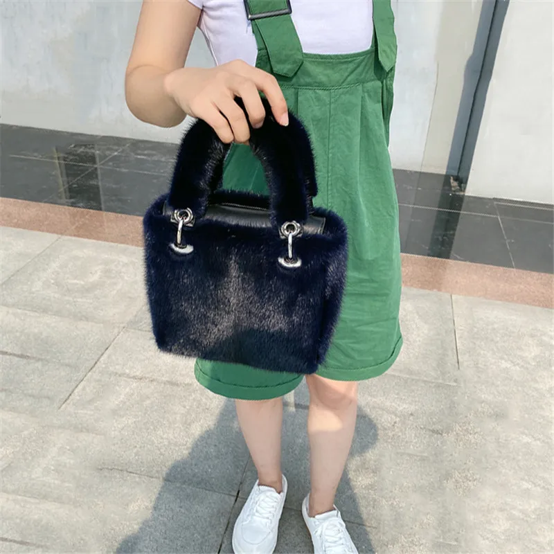 New Mink Fur Bag Leather Grass Mink Fur Bag Can Be Hand-Carried Shoulder Messenger Bag Temperament Versatile Style