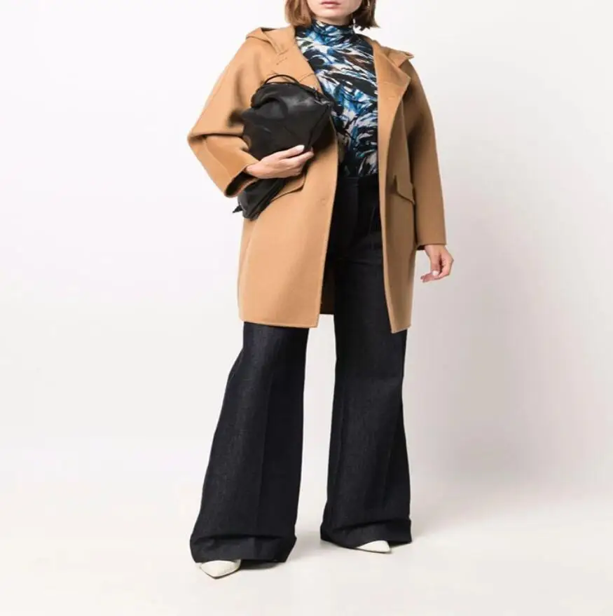 

2021 New Autumn Winter Fashion Hooded Solid Color Woolen Coat Women Temperament Elegant Mid-Length Straight Overcoat s1624