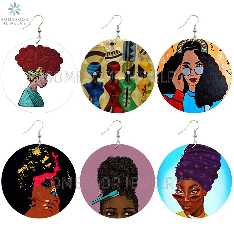 

SOMESOOR Cute Black Girly Sister Easy Smile Painted Wooden Drop Earrings Afro Curly Natural Hair Arts Designs For Women Gifts