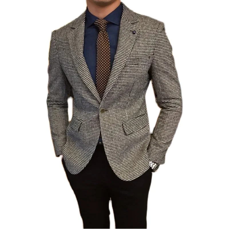 Men\'s Suit Jacket Coffee Houndstooth Wool Tweed Retro Business Tailored Collar Casual Blazer for Wedding Groomsmen Costumes 2021