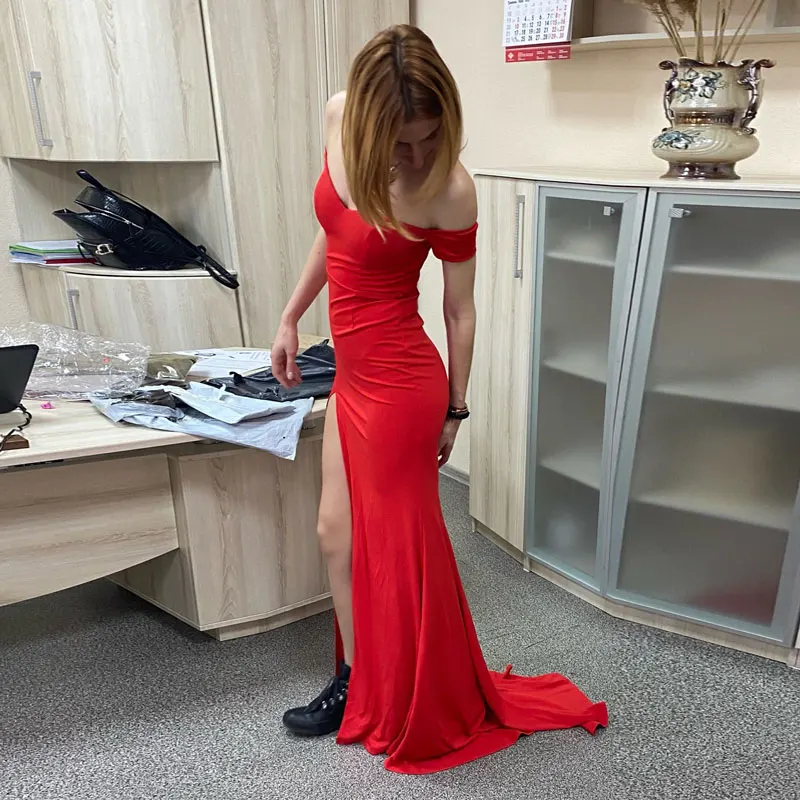 New Style Simple Off The Shoulder Prom Dresses With Sweep Train Sexy Mermaid V Neck Evening Gowns Women Occasion Dress Robe