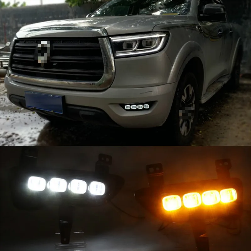 1 Pair Car LED Daytime Running Lights with Turn Signal Yellow Style 12V DRL Replace Fog Lamp Covers For Great Wall Gun 2019 2020