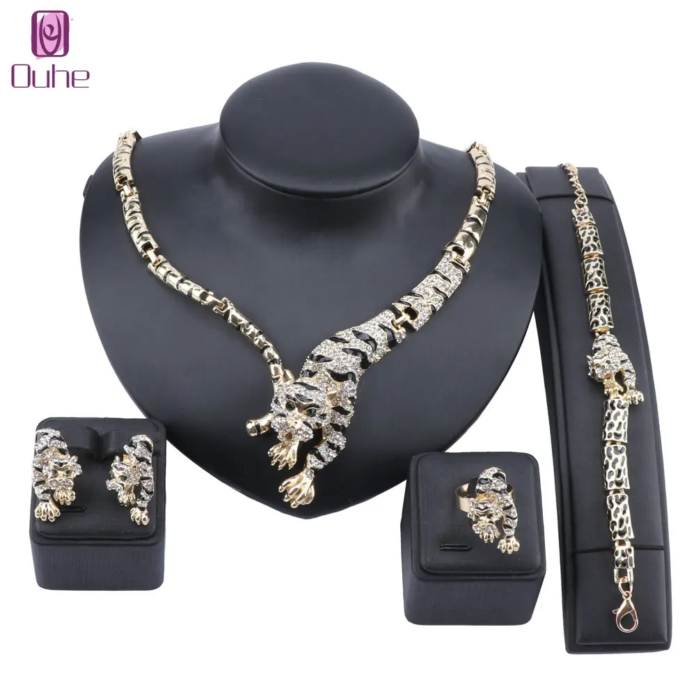 Dubai Gold Color Tiger Crystal Jewelry Luxury Nigerian Woman Wedding Costume Design Necklace Earring Ring Bracelet Set