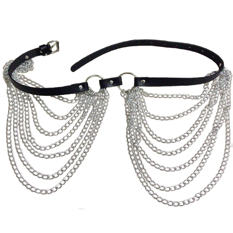 

New Vintage Sexy Halter Adjustable women Leather belt Harness Bondage Garter Silver Metal Chain Tassel Fringe Waist Belt Straps