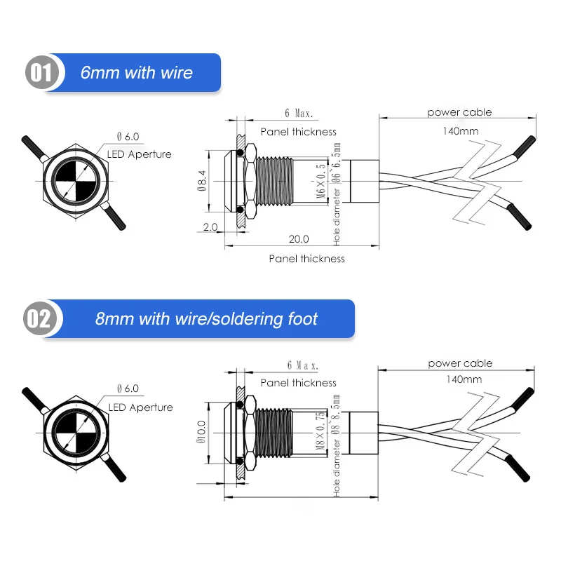 Voyant LED étanche en métal avec fil, lampe de signalisation, IP66, 6mm, 8mm, 12mm, 16mm, 19mm, 22mm, 6V, 12V, 24V, 110V, 220V