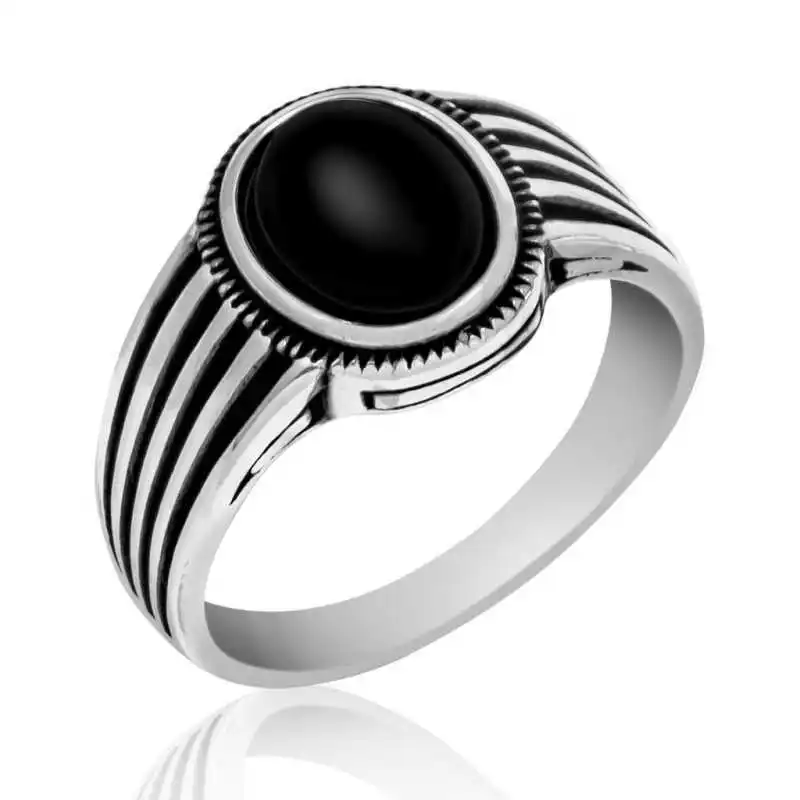 Silver Black Stone Striped Men's Ring - 925 Sterling Men's Jewelry Wedding Birthday Gift - Box - Men - Fashion - Botiva - Size - Turkish - Patterned Embroidery