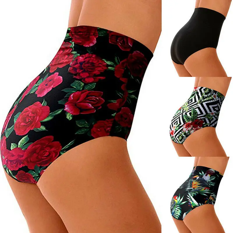 Women\'s High Waist Swimsuit Bikini Bottoms Tankini Bottom Swim Shorts Plus Size Floral Print Briefs