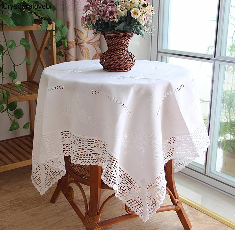 

American White Lace Dinning Tablecloth Hand-drawn Yarn Embroideried Table Cloth Cotton Linen Table Cover Refrigerator TV Cover