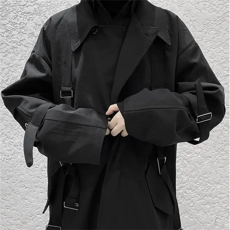 Men\'s Medium Long Coat Black Medium Long Long Long Sleeved Windbreaker Spring And Autumn New Fashion Large Bandage Design