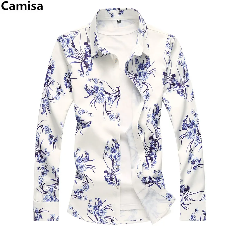 White Long Sleeve Rose Printed Shirt, Men Spring and Autumn Men\'s Shirts, Business Casual Camisa S-5XL 6XL 7XL Chemise