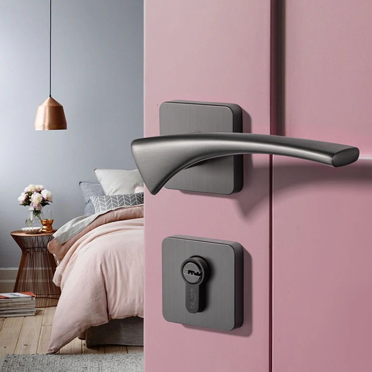 1 set/Gray Mute Bedroom Door Lock Zinc alloy Interior Door Handle Washroom Kitchen Bedroom Lock for 30-50mm door