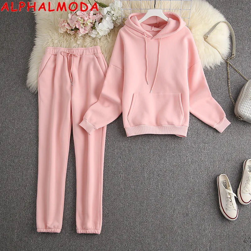 ALPHALMODA-Hooded Sweatshirt and Pants Set, Trendy Thick Tracksuits, Warm Fleece Trousers, Candy Color, Winter, New, 2Pcs