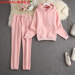 ALPHALMODA-Hooded Sweatshirt and Pants Set, Trendy Thick Tracksuits, Warm Fleece Trousers, Candy Color, Winter, New, 2Pcs