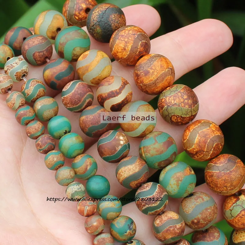 Natural Dzi Agate WaterWave pattern Ancient Brown/Green Round space beads, For DIY Necklace Bracelet Jewelry Making !