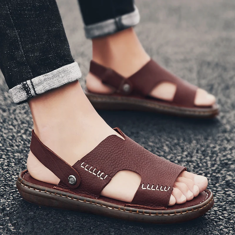 Summer Fashion Men Shoes Vintage Real Leather Non-slip Beach Slip-On Sandals Travel Flip Flop Slippers Black Brown