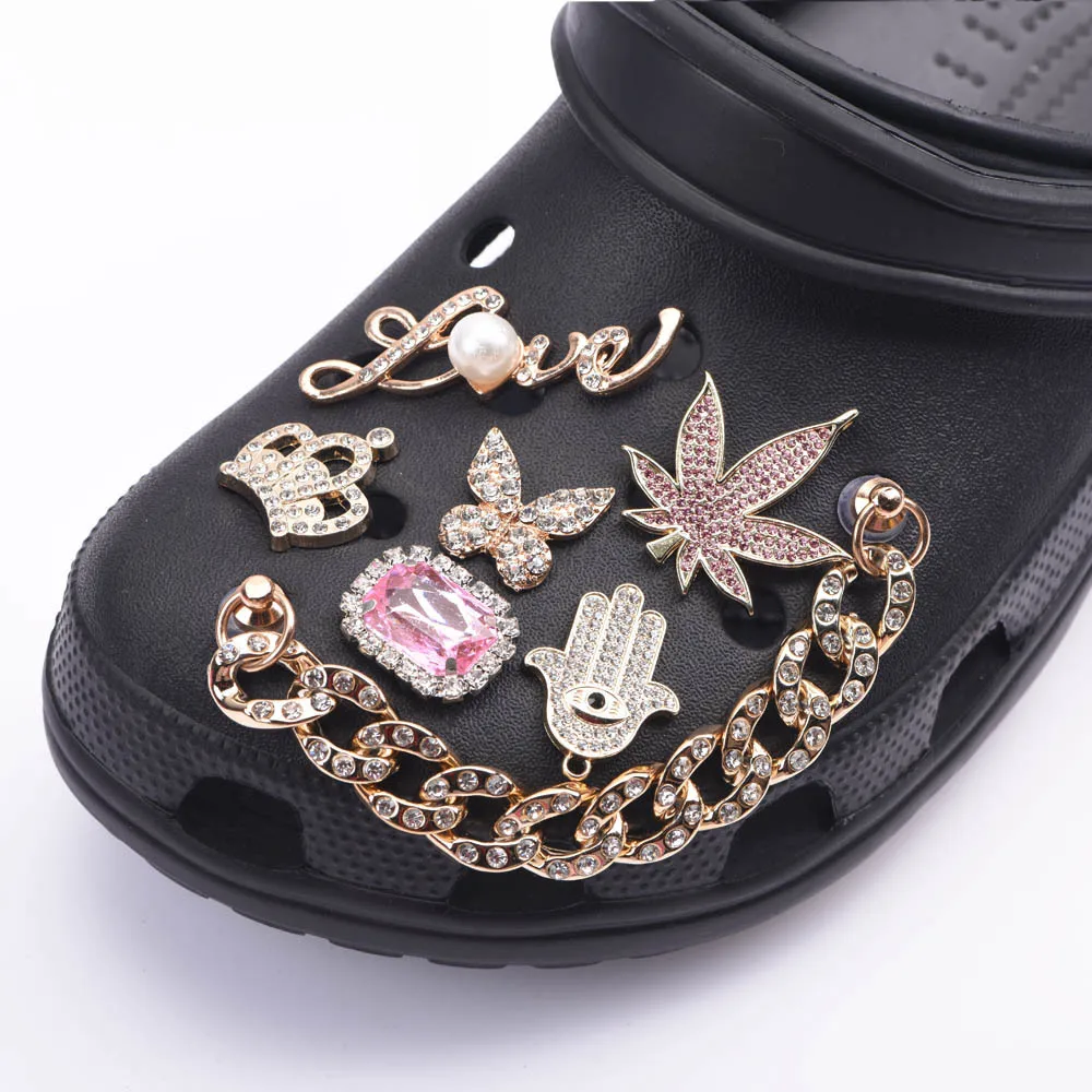 Metal Sets Rhinestone Shoe Charms Metal Chain Shoe Accessories Girl Bracelet Shiny Wristband Bling Pearl Decorations Gift