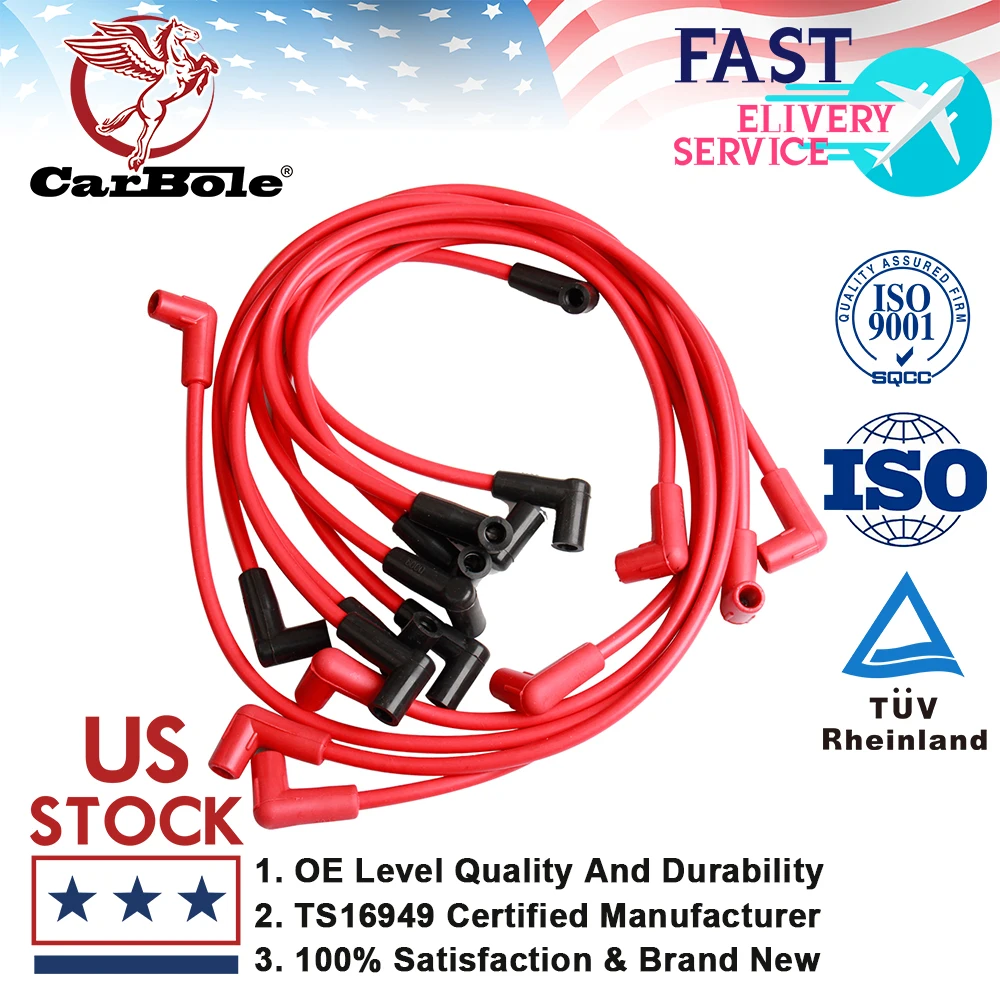 Carbole Red 8mm Ignition Spark Plug Leads Wires for Chevy SBC 262 350 MALE HEI Silverado 1974-1988 5.0 6.0