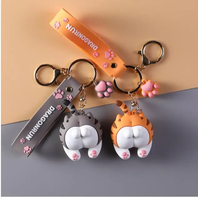 2022 Cute Cat Butt Key Chains For Women Girls Cats Ass Keychain Car Bag Animal Bell Pendant Keyring Jewelry Gift Orange gray