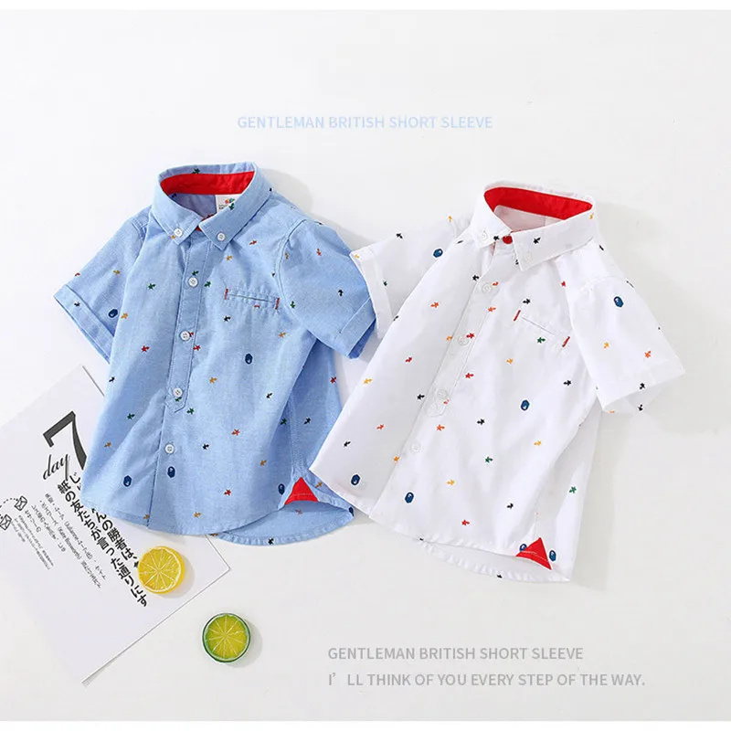 2024 England Style 2 3 4 5 6 8 10 Years Baby Summer Clothes Cotton Clothing Pocket Cartoon Print Short Sleeve Shirt For Kids Boy