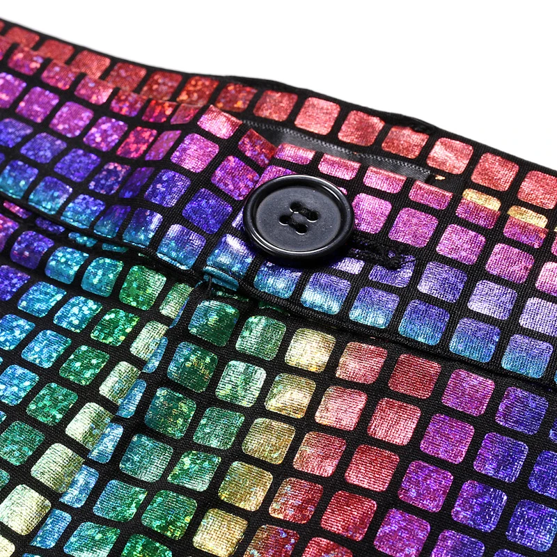 Trajes de fiestas de escenario para hombre, chaqueta de lentejuelas a cuadros con arcoíris dorados y plateados, pantalones, ideal para festival de