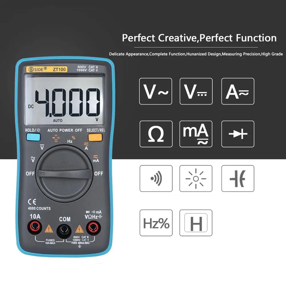 Digital Multimeter ZT100 4000 counts DC/AC Voltage Current Capacitance Hz Diode Ohm tester Ammeter Voltmeter Backlight