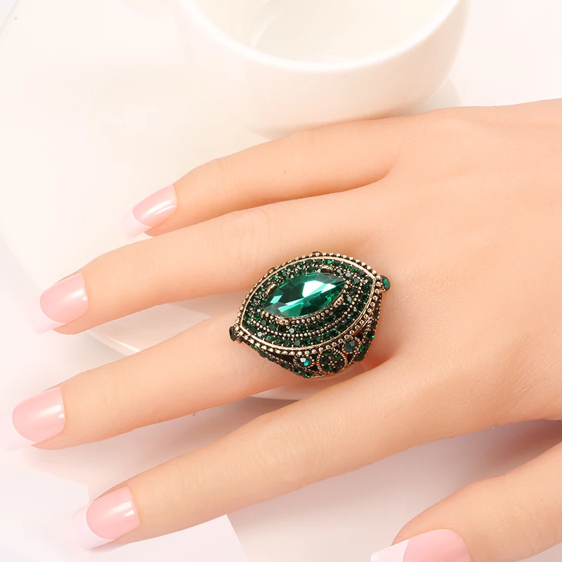 Kinel Luxury Antique Ring For Women Vintage Look AAA Green Crystal Boho Jewelry Gold Color Charm Ethnic Wedding Ring