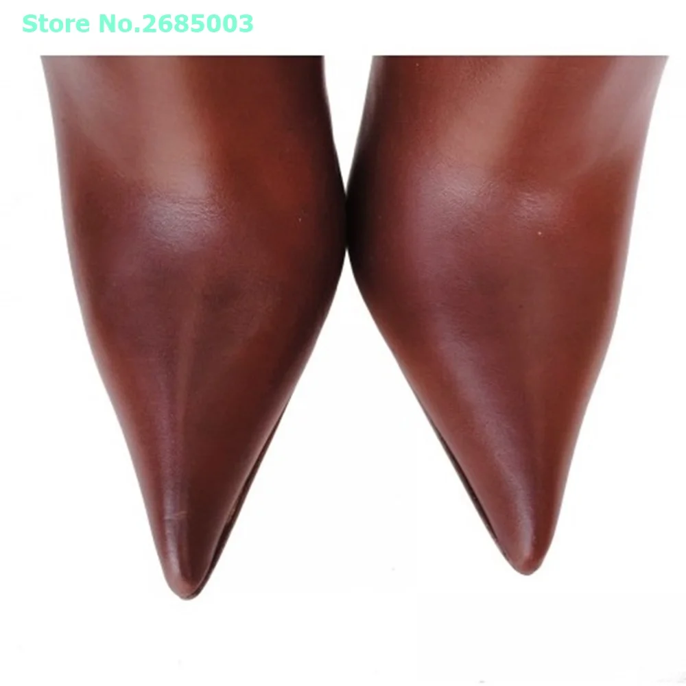 Brown Buckle Thigh High Boots Pointed Toe Thin High Heels Side Zipper Solid Leather Autume Winter Boots Women Party Dress Shoes