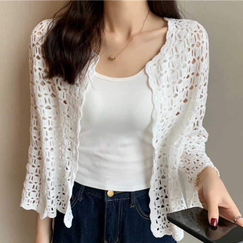 Basic Jackets Women Summer Knitting Loose Ins Hollow-Out Solid Casual All-match Soft Cozy Popular Korean Outwear Harajuku Mujer