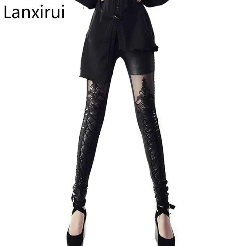 

womens leggings Leather Lace Patchwork Fitness Leggins Punk Rock Sexy Lace Up Gothic Black Jeggings Pants New