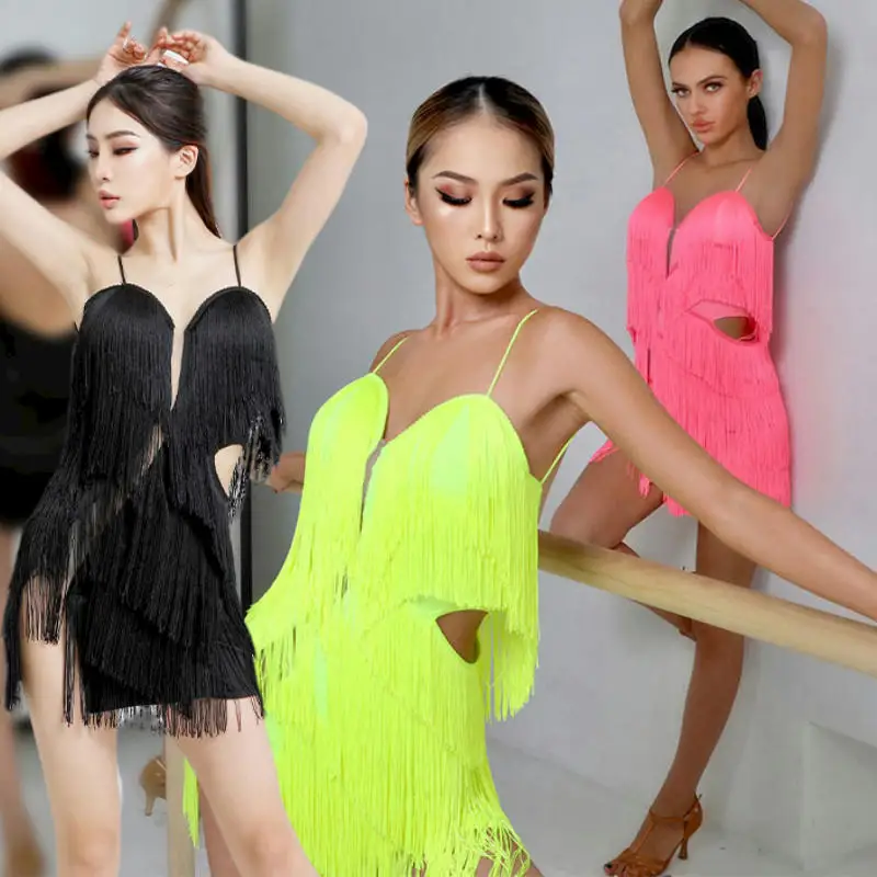 

Latin Dance Dress Women Fluorescence Yellow Pink Fringe Dress Latin Competition Clothes Adult Salsa Rumba Dress Costume DNV14749